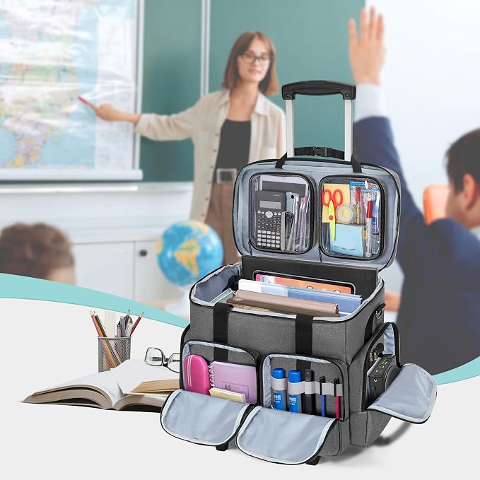 CURMIO Rolling Teacher Tote Bag with Padded Laptop Compartment for up to 15.6 Inches Laptop, Wheeled Teacher Bag for Teaching, Office, Craft, Gray