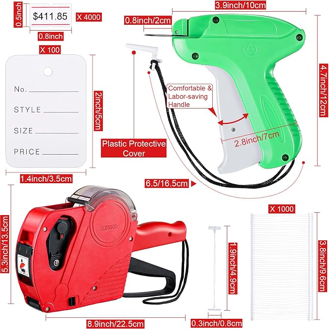 Honoson 5117 Pieces Price Tag for Clothing Price Marking Labeler Clothes Garment Label Machine Attacher Applicator Plastic Fasteners Barb Ink Roller Tag Needle Label Sticker(Red, Green)