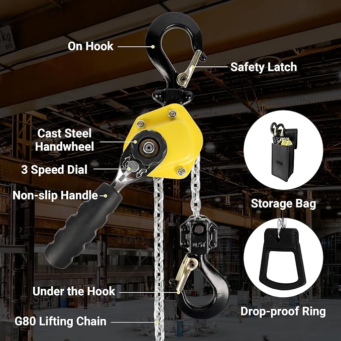 550LBS Manual Lever Chain Hoist Mini Puller 1/4 Ton Capacity | Portable Chain Come Along 5 Feet Lift G80 Chain Ratchet Lever Hoist with Hook