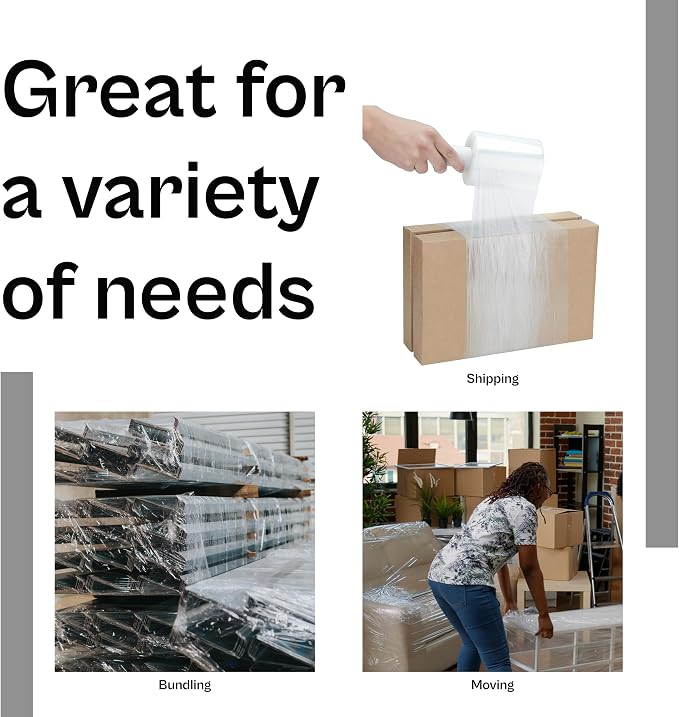 PSBM Mini Plastic Stretch Wrap Film with Handles 5"x650' 100 Gauge 12 Rolls | Extended Core Handles, Heavy Duty Upto 500% Strength Plastic Shrink Film for Moving, Packing, Shipping & Industrial Packaging