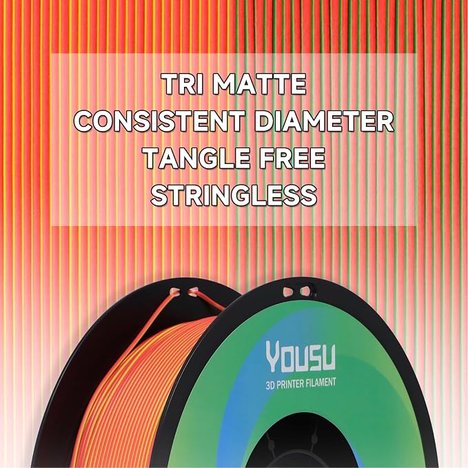 YOUSU Tri Colors Red Blue Yellow Matte PLA Filament 3 in 1, 1.75mm Magic Color Change 3D Printer Filament, Dimensional Accuracy +/-0.03mm, 1KG/Roll, Work with Most 3D Printer