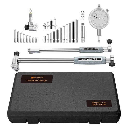 Neoteck Dial Bore Gauge with 0.7"-6"/0.0005" Measuring Range and 6" Measuring Depth Dial Bore Gauge Set with 23PCS Anvils Chrome Plated Handle & Insulated Grips for Engine Cylinder Measurement-Silver
