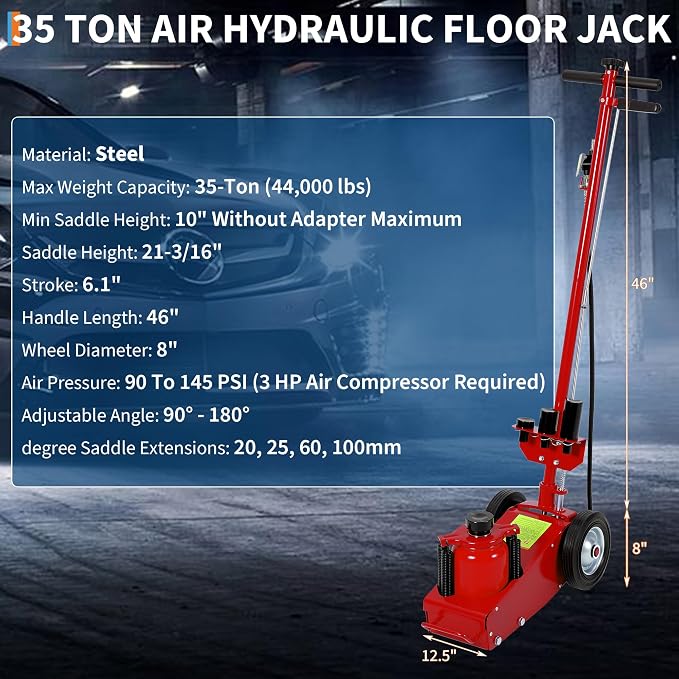 35 Ton Air Hydraulic Floor Jack, 77,000 LBS Capacity Heavy Duty Truck Jack for Trucks & Tractors, Low Profile 10 Inch, Dual Power Air/Manual Hydraulic, 4 Adapters & Adjustable Handle