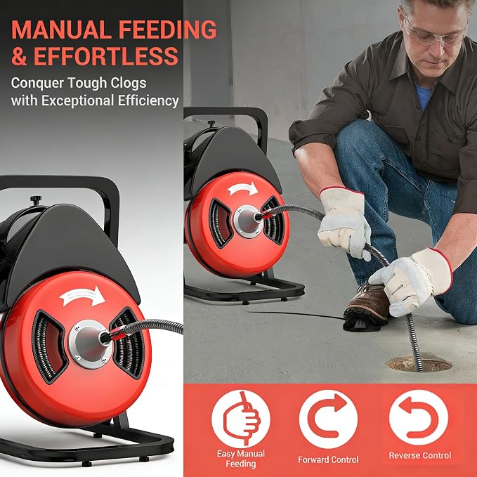Garvee 50FTx1/2 Inch Drain Cleaner Machine with Wheels, Sewer Snake Electric Drain for 2" to 4" Pipes, Plumbing Snake Auger Cleaner with 6 Cutter & Foot Switch for Sewer, Sink, Toilet, Bathroom