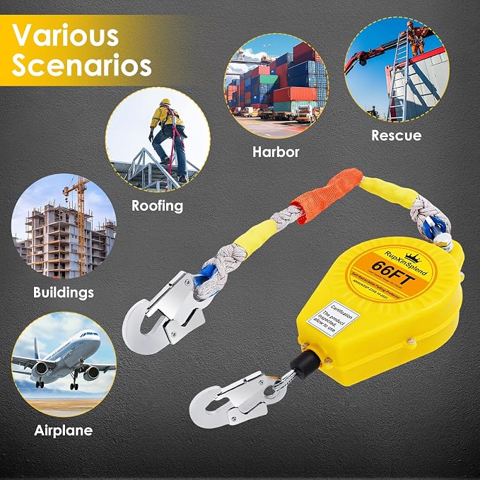 Fall Arrester Protector Self Retractable 66FT Fall Protection Gear Double Locking, Dual PPE+Alloy Steel housing Heavy Duty Lifeline Safety Lanyard Rope Cable Wire Roofing Construction