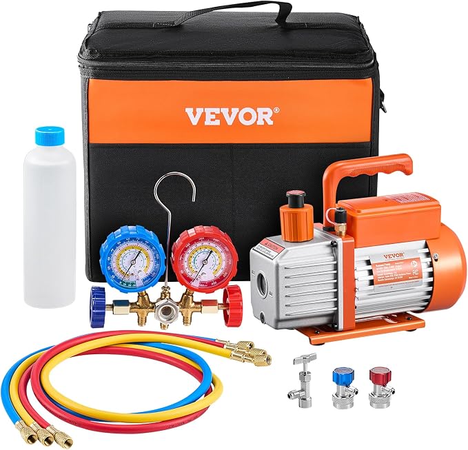 VEVOR 3.5 CFM AC Vacuum Pump and Gauge Set, Single Stage Rotary Vane HVAC Air Vacuum Pump, A/C Refrigerant Manifold Gauge Kit, with Hoses, Air Conditioning Refrigeration for R134a, R12, R22, R502a