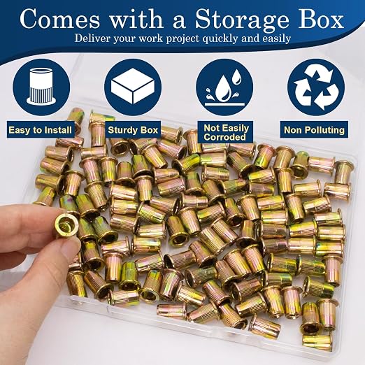 1/4 Rivet Nut, 115Pcs Carbon Steel Zinc Rivet Nuts 1/4-20, 1 4 20 Threaded Insert Rivnut, Flat Head 1 4 x 20 UNC Rivets Nutsert, 1 4 RIV Nuts