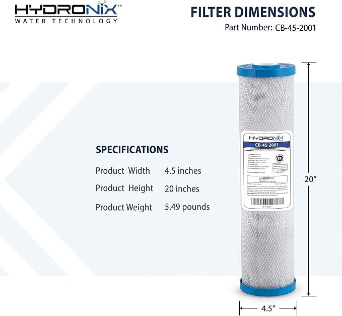 Hydronix CB-45-2001/3 Universal 4.5" x 20β Whole House Water Filter Replacement Cartridge, Commercial & Industrial NSF, Coconut Shell Activated Carbon Block CTO, 1 Micron (3 Pack)