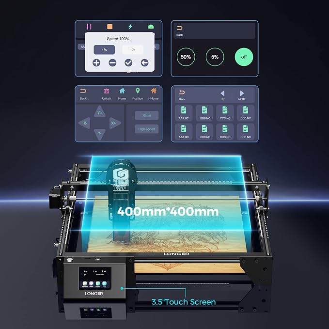 LONGER RAY5 Laser Engraver, Fully Upgraded with 10W Output, a 3.5-inch Color Touchscreen, and app-Based Offline Control; Ideal for Engraving Metal, Glass, and Wood. Working Area: 400×400 mm.