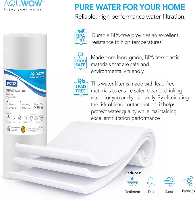 PP20BB 5 Micron 4.5" x 20" Filter Set – Sediment Replacement Cartridges for Whole House Water Filtration Systems, Universal Standard PP Filters (6, 20 x 4.5)
