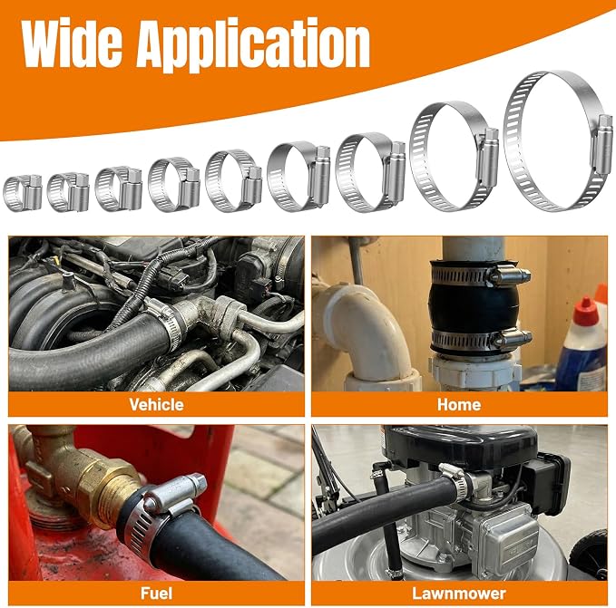 Housolution 250 PCS Pipe Clamps from 1/4" to 2.5" (6-63mm), Hose Clamps Stainless Steel with Hose Clamp Tool, For Fuel Line, Garden, Plumbing, Automotive, Radiator, Mechanical Applications