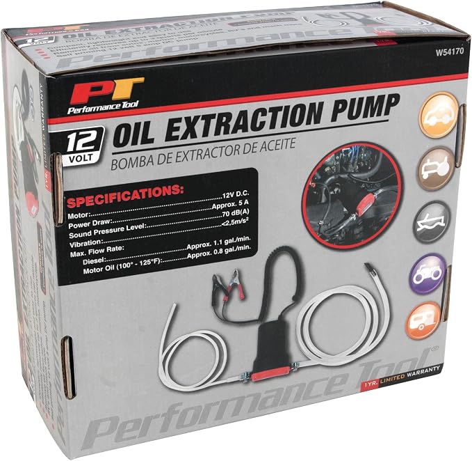 Performance Tool W54170 Oil Change Pump Extractor 12v 80W Oil Extractor Pump Diesel Fluid Transfer Pump, Oil Quick Changer for Car, Boat, Marine, Motorbike, Truck, RV, ATV