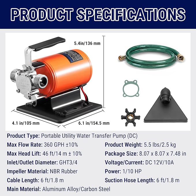 HoldwellS Water Transfer Pump 12V DC, 360 GPH, 1/10HP, 46FT High-Lift | Battery Powered Utility Pump, Portable Electric Water Pump with Switch and 6 ft Suction Hose Kit, For Water Removal