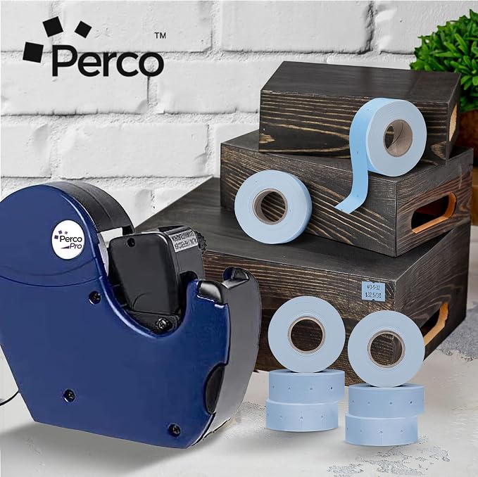 Perco 2 Line Blue Labels - 6,000 Blank Price and Date Gun Labels for Perco 2 Line Price and Date Guns - 8 Rolls, 1 Sleeve - Made in USA