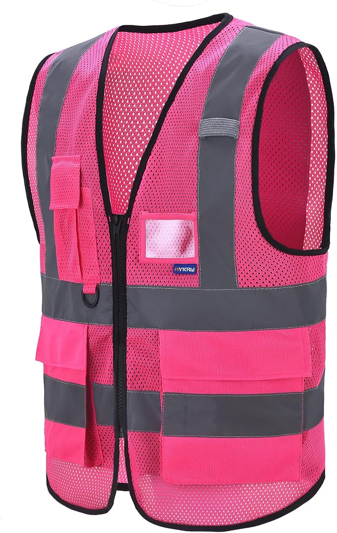 A-SAFETY High Visibility Mesh Vest, Clear ID Pocket, Zipper, Pink, 4XL-5XL | Pink 4XL-5XL breathable mesh vest with reinforced zipper pockets, clear PVC ID holder and mic tabs for volunteer events.