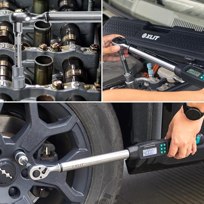 1/2” Digital Torque Wrench Set 8.9-295 ft-lb/12-400 Nm, ±2% Accuracy, LED & Buzzer Alerts, with 3 Adapters (1/4", 3/8"& Extension Bar), Industrial CR-V Steel for Car, Motorcycle, Bike Repair