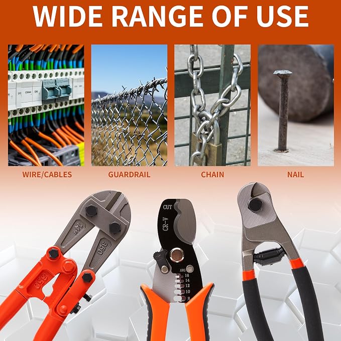3-Piece Bolt Cutter Set, 14" Wire Cutters Heavy Duty, 8" Mini Bolt Cutters And 7" Cable Cutters With Storage Bag, Suitable For Locks, Steel Wire, Barbed Wire, Chains