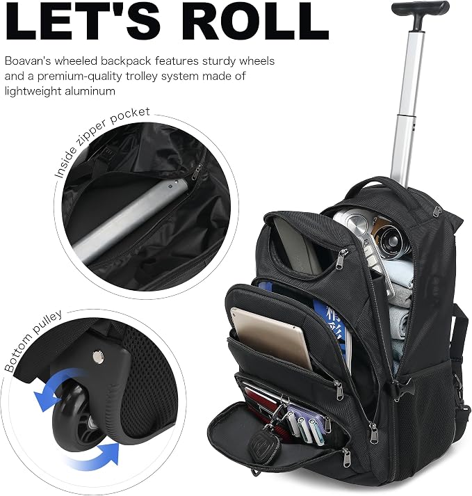 Boavan Rolling Backpack,17 inch Water Resistant Wheeled Backpack,Carry on Luggage Business Bag, Overnight College Computer Trolley Suitcase for Men Women Adults to Travel,Black