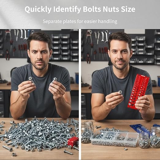 76 Thread Checker, Nut and Bolt Thread Checker Standard and Metric, Thread Gauge with 31 SAE & 29 Metric & 16 Drill Bit Sizes, Aluminum Screw Nut and Bolt Size Gauge Finder Identifier Set