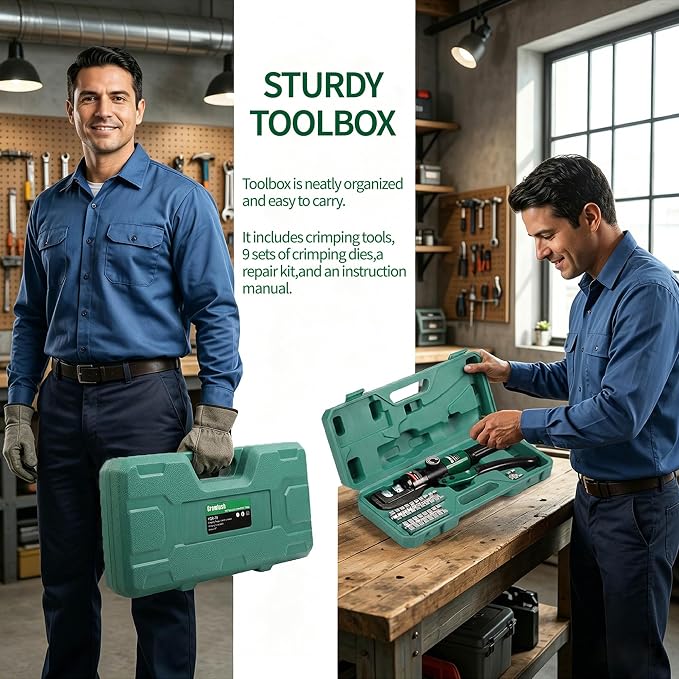 Hydraulic Crimping Tool, 2/0 Battery Cable Crimper, 10T Hydraulic Crimper for US AWG Size 12-2/0 Gauge Stranded (9 Sets of US Standard Crimping Dies: 12, 10, 8, 6, 4, 2, 1, 0, and 00AWG)