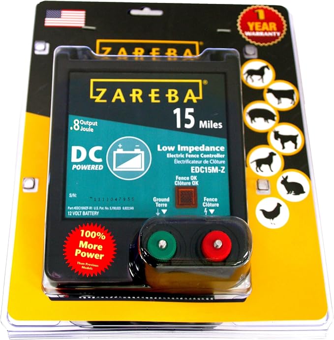 Zareba 15-Mile Battery Operated Low Impedance Electric Fence Charger - For Medium Weed Conditions - Control Horses, Pigs, Cows, Pets - Keep Wildlife Out - Ideal for Remote Locations - EDC15M-Z