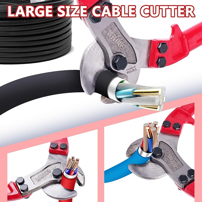 Verida Cable Cutters 24 inch, Heavy-Duty Large Cable Cutter, Chrome vanadium steel, Hardness 62 HRC, Suitable for cutting thick copper and aluminum core cables, Red