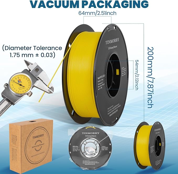 TINMORRY PETG Filament 1.75, Rapid PETG-Eco 3D Printer Filament, Compatible with Most FDM 3D Printers, 1 KG 1 Spool, Bright Yellow