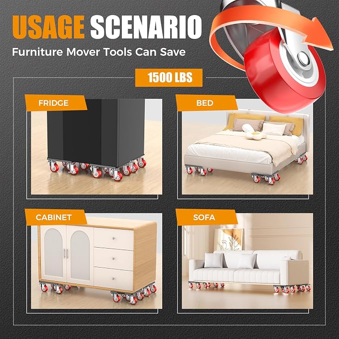 LOYAL TIGER 2000LBS Heavy Duty Furniture Dolly Movers Set with Lifter, 5-Wheel Carbon Steel Moving Rollers with Locking Casters for Refrigerator, Washer, Sofa & Cabinet(6.4 Inch, Silvery)