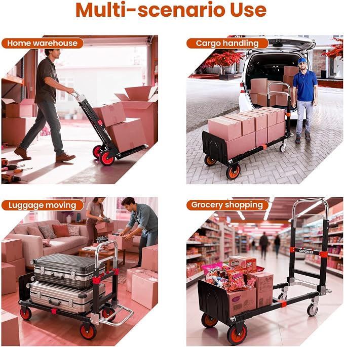 3-in-1 Convertible Heavy Duty Folding Hand Truck Dolly, 600LB Capacity with Rubber& Wheels Telescoping Handles, Portable Collapsible Cart for Warehouse, Supermarket, Office (Red)
