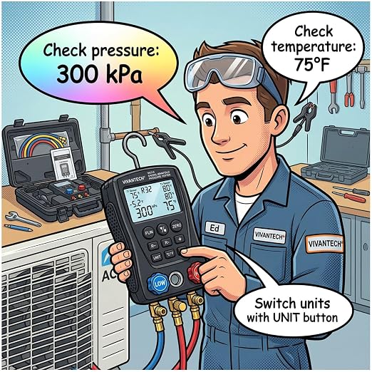 Digital Manifold Gauge Set – HVAC Refrigerant Pressure & Temp Tester, Dual-Port Diagnostic Tool with 112 Refrigerant Profiles, Leak Test, Data Hold & Superheat Subcooling, 3000 PSI Hoses