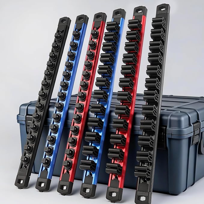 Reniteco 6-Piece Magnetic Socket Organizer and Magnetic Screwdriver Organizer Set, 1/4" 3/8" 1/2" Drive Aluminum Rail & 3-Piece Wrench Screwdriver Holder, Interchangeable Clips, Sockets Not Included