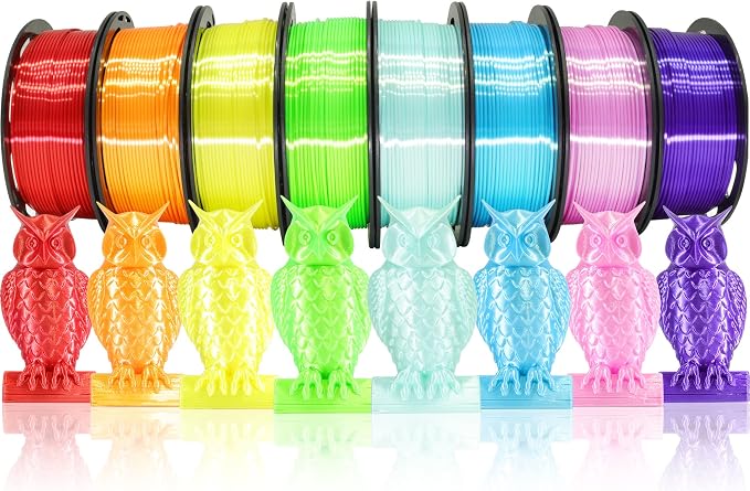 1.75mm Silk Shiny PLA 3D Printer Filament 8 Bright Colors Bundle: Silk Yellow/Lime Green/Orange/Sky Blue/Pink/Cyan/Red/Purple, Each Spool 250g, Total 2Kg 3D Printing Material, 250g x 8 Spools