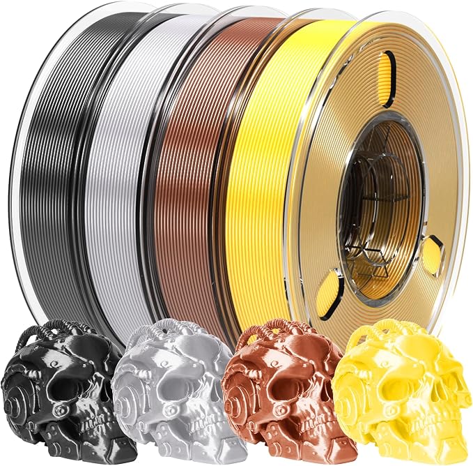 PINBALL 500gX4 Spools Silk PLA 3D Printer Filament Bundle, Shiny Metallic Filament 3D Printing Filament 1.75mm, 500g*4 Gold/Grey/Silver/Red Bronze