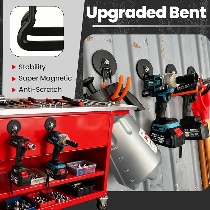 ULIBERMAGNET Heavy Duty Magnetic Garage Hooks,8 Pack Strong Large Magnet Hooks for Power Drill,Garden Tools,Hose,Pegboard,Garage, Workshop,Magnetic Storage Hooks for Indoor Outdoor Hanging(Black)