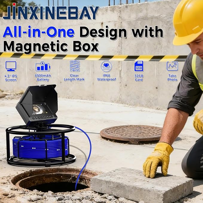 Sewer Pipe Inspection Camera, 4.3'' IPS Monitor with 32GB TF Card DVR, IP68 1080P Camera 100FT Fiberglass Cable, 8500mAh Battery Night Vision, for Home/Contractor/Plumber (33FT)