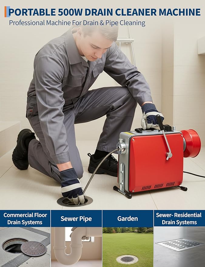 Electric Drain Auger Sewer Snake, 66'x5/8" & 16'x3/8", 500 w, 400 RPM, Auto Feed Drain Cleaning Machine with 7 Cutter & 2 Steel Cables, Portable Pipe Cleaner for Household and Professional Use