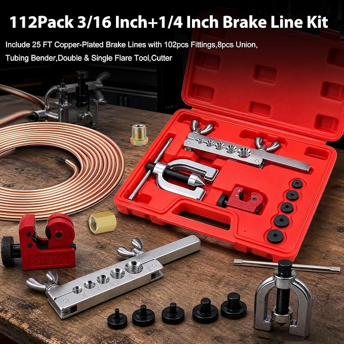 smseace 112Pack 3/16 Inch+1/4 Inch Brake Line Flaring Tool Kit Include 25 FT Copper-Plated Brake Line Kit with 94pcs Fittings,8pcs Union,Tubing Bender,Double & Single Flare Tool,Cutter