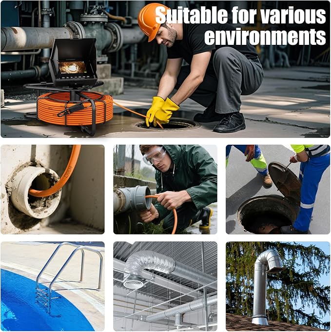 Sewer Camera, 100 ft/30 m, 4.3" Pipe Drain Inspection Camera with DVR Function and 12 Pcs LED Lights, IP68 Waterproof 23 mm Industrial Endoscope, Meter Marker, Included 32GB Card
