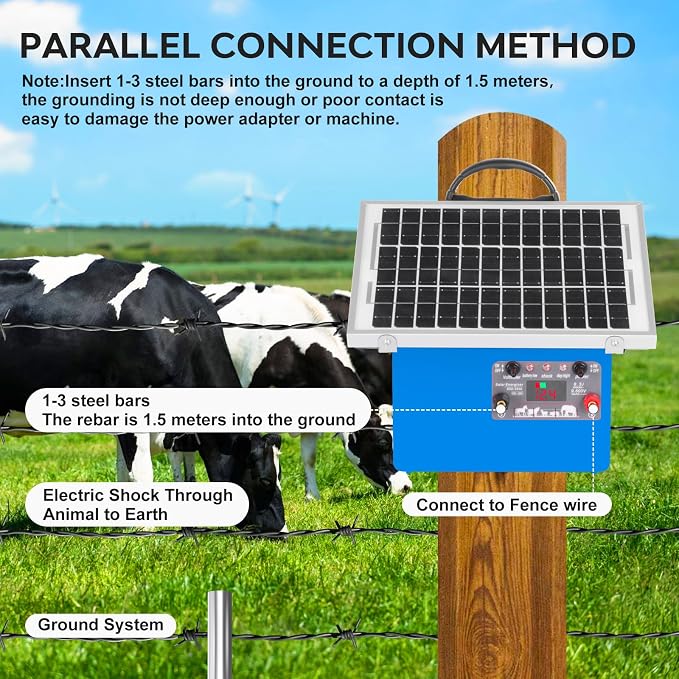 20 Miles Solar Electric Fence Charger,Auto-Adjusting Electric Output Voltage,0.5 Joule Electric Fence Energizer with 7.5W Solar Panel/7Ah Battery,for Livestock,Cattle,Raccoon, Deer,Goat.