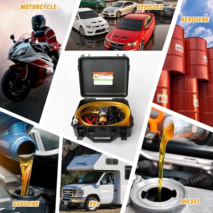 12V Fuel Transfer Pump Set,75W Gasoline Transfer Pump Moves 110 Gallons Of Gas Per Hour, with High Elastic Fuel Pipe & 2 Power Cables, Great for Vehicles, Boats, Equipment (110GPH-SET)