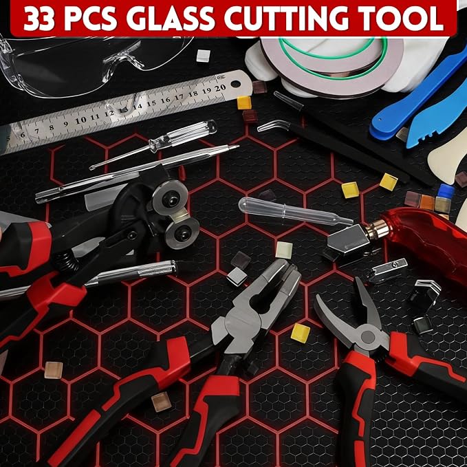YOTINO Glass Cutters Tools 33PCS Stained Glass Kit,Running Pliers Breaking Pliers Oil Feed Glass Cutter Set Cut Complete Stained Glass Supplies for Stained Glass, Tiles, Mosaic Cutting