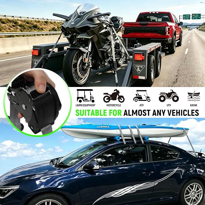 Retractable Ratchet Straps (Patented-2pack) - 1 inch x 10Feet (1,800lb Break Strength) Auto Self Retracting Tie Down Straps - Self Retractable Straps with Refletcive for Motorcyle, Truck or Cargo