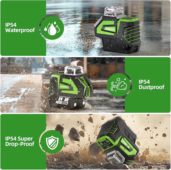Huepar Self Leveling Laser Level Green Cross Line Laser with 2 Plumb Dots Laser Tool -360° Horizontal Line Plus 140° Vertical Level Laser with Up & Down Points - Rechargeable & Magnetic Bracket 7211CG
