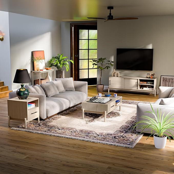 Bme Coffee Table for Living Room, Lyra Solid Wood Rectangle, Mid Century Modern Center Table with Storage, Easy Assembly, Oak Light Grey