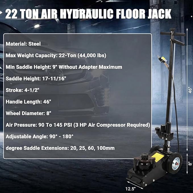 Air Hydraulic Floor Jack, 22-Ton(44,000 LBS) Low Profile 9 Inch Heavy Duty Jack for Trucks & Tractors, Dual Power Air/Manual Hydraulic with 4 Adapters, Adjustable 46" Handle & Rubber Wheels