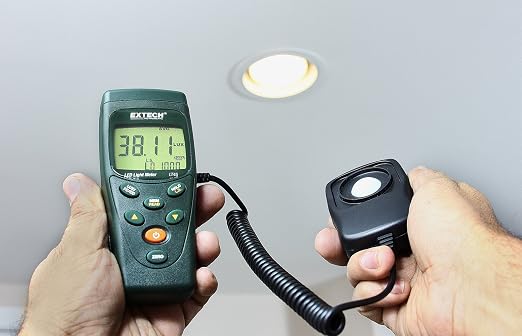 Extech LT45 LED Light Meter | White and color LED (R/Y/G/B/purple), to 400000 lux, stores 99, coiled cable to 1.5m, 9V, hard case