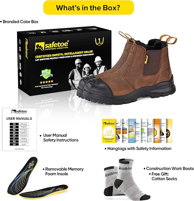Steel Toe Work Boots for Men Cow Leather Slip on Safety Boot Ladder Grip Design