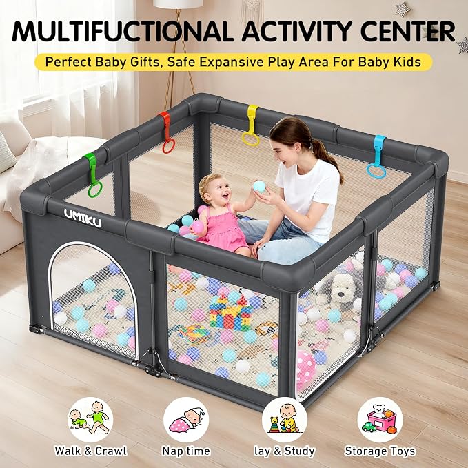 Baby Playpen with Mat, Foldable Playpen for Babies and Toddlers Large Playpens Play Yard Indoor Outdoor Activity Center Game Fence Safety Area Travel Play Pen for Babies 6-12 Months 50"X50" Dark Grey