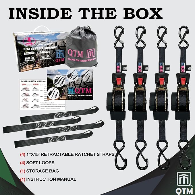 QTM 4-Pack Black Stainless Steel Spring Retractable Ratchet Straps 1" x15' with Soft Loops, Heavy Duty, 2,000lbs Breaking Strength, with Storage Bag, Best for Cargo, Truck, Bicycle, Motorcycle