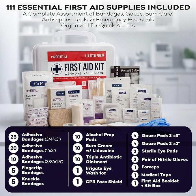 OSHA Compliant First Aid Kit for Car, Home & Business - 10 Person, Type III, ANSI Class A, 111 Pieces Emergency Kit for Office, Truck & Construction Site - Latex Free, Wall Mountable | ProHeal